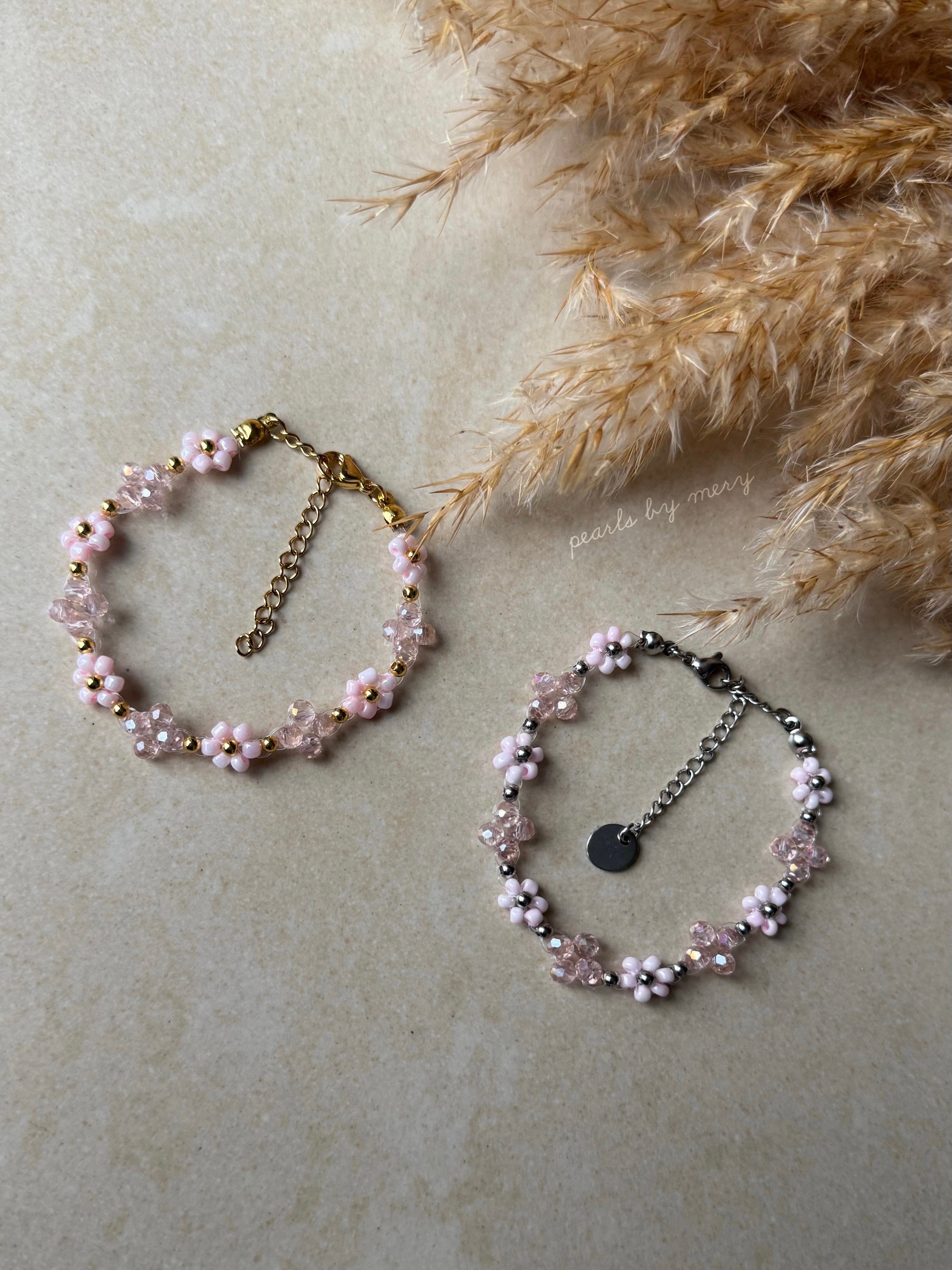 Rosa Gänseblümchen Armband mit rosa Kleeblättern 💞