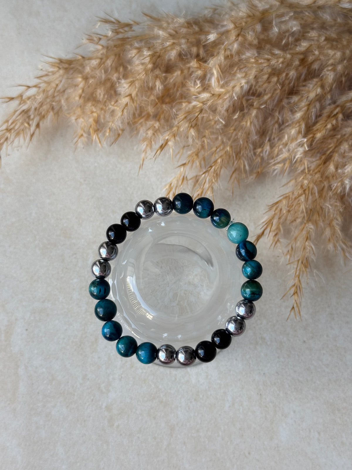 Naturstein Perlenarmband aus Tigerauge, Hämatit und Achat